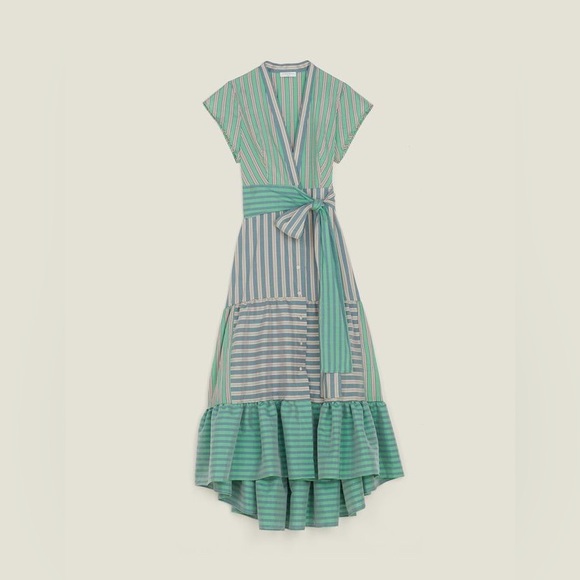Sandro Green Mid-length Striped Dress - Size 38 - Picture 2 of 10